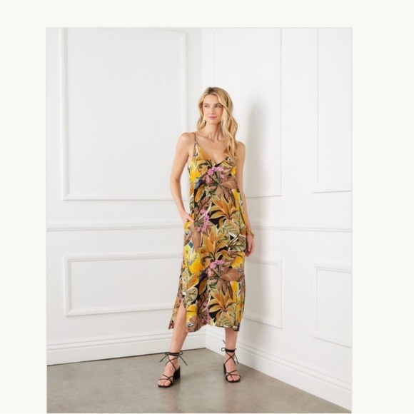 NWT Karen Kane Yellow Multi Tropical Print Side Slit Midi Dress Size XS - Picture 2 of 4